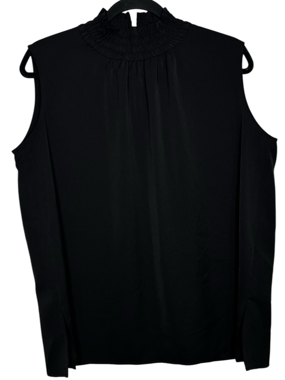 Ming Wang Smocked Mock Neck Sleeveless Black Blouse Size L Chic Business Casual